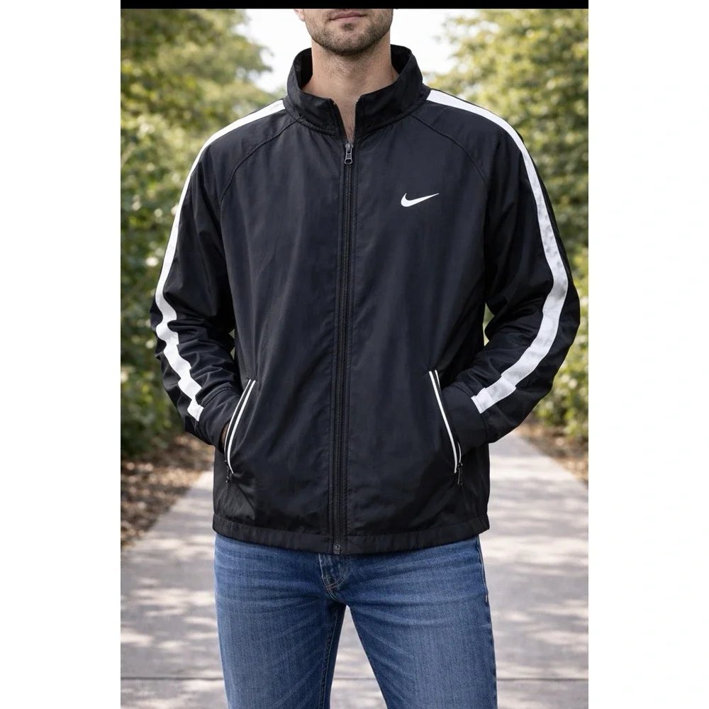 Nike Y2K Windbreaker Jacket Mens XL Black White Full Zip‎ Swoosh Track